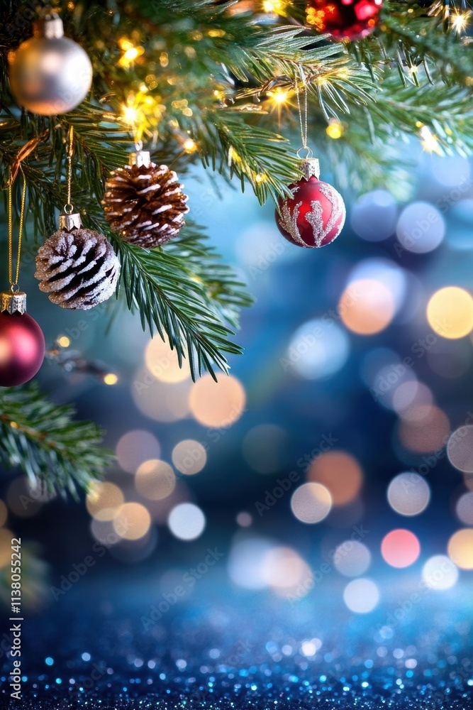 Poster captivating christmas tree adorned with ornaments and soft glowing lights, creating a festive and ch