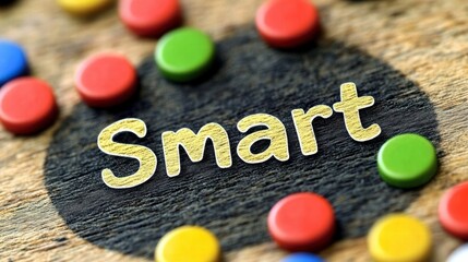 A vibrant close-up of colorful game pieces surrounding the word Smart on a wooden background, inspiring creativity.