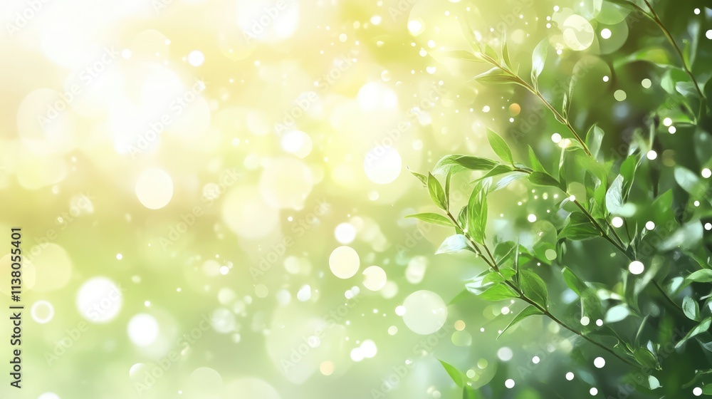 Aufkleber nature-inspired bokeh background featuring green leaves and soft glowing lights creating a serene an