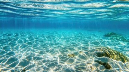 Obraz premium Crystal clear underwater shot showcasing vibrant sunlit textures and reflections on the serene sea water surface with rocky seabed elements.