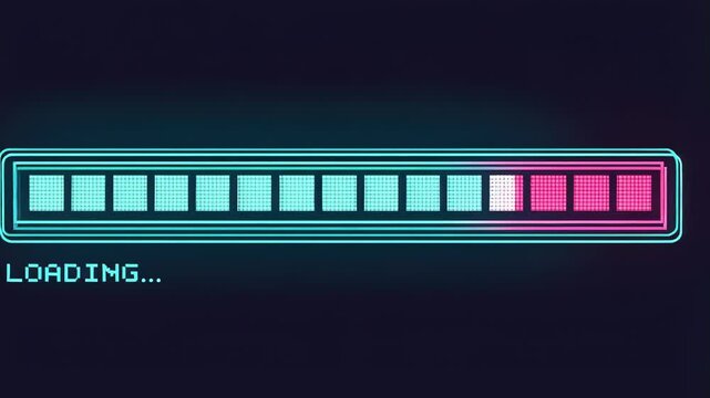 Glowing Pixelated Bar A chunky pixelated progress bar glows softly in hues of teal and pink moving at a leisurely pace across a dark background evoking memories of waiting for