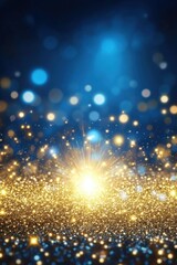 Obraz premium Stunning blue and gold bokeh background with sparkling lights for festive and celebratory themes.