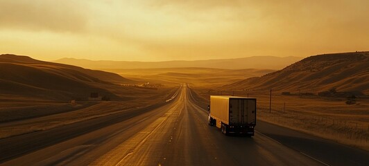 Golden Hour Highway: A Lone Truck Journeys Across Vast Plains Under a Sunset Sky
