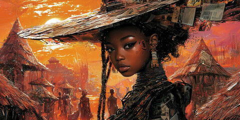 A woman wearing a hat and a necklace stands in front of a village. The village is full of people and has a lot of buildings. The woman is the main focus of the image