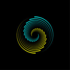 Technology particles spiral background with glowing lights. Spiral Swirl Abstract Half Tone Design Element.