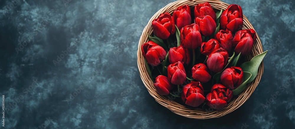Poster red tulip flowers arranged in a square basket on a textured surface with negative space for custom t