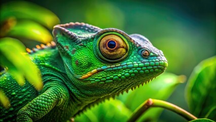 Obraz premium Soaring drone view captures a vibrant green chameleon, symbolizing nature, agility, and brand identity for marketing.