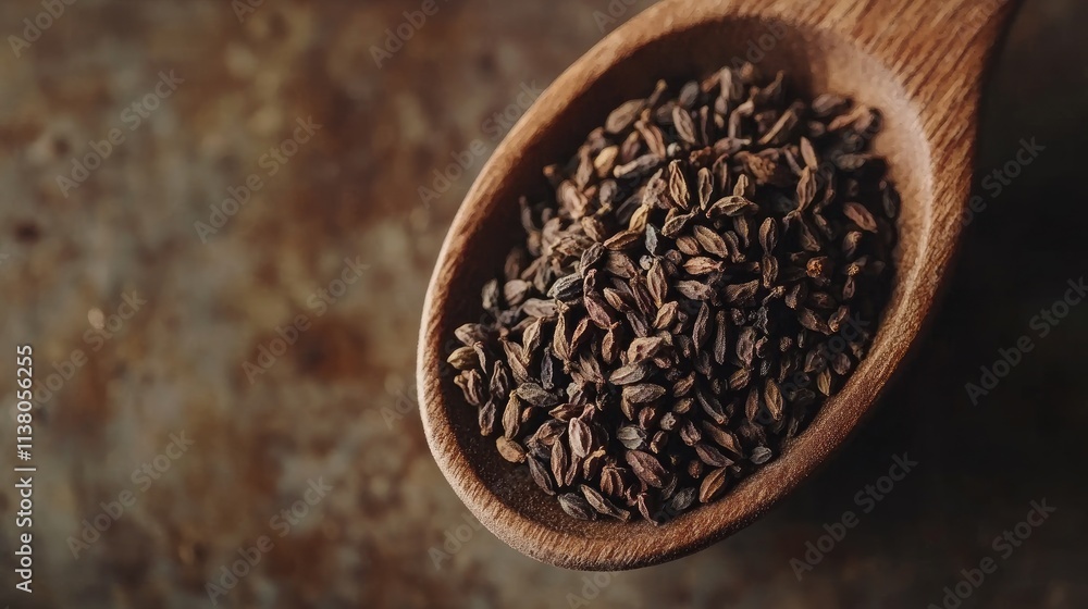 Poster ajwain seeds displayed in a rustic wooden spoon showcasing their texture and color on a neutral back