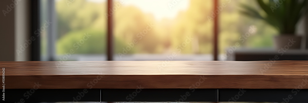 Aufkleber dark wood texture of luxury counter island stands out against blurred abstract glass background with