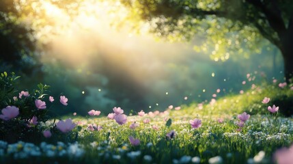 Obraz premium Beautiful serene natural landscape with blooming flowers and soft sunlight creating a tranquil background for various applications.