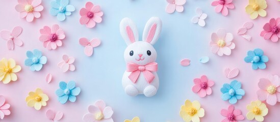 Cute handmade white felt bunny with pink bow surrounded by colorful flowers on a soft pastel backdrop ideal for greeting cards and decorations