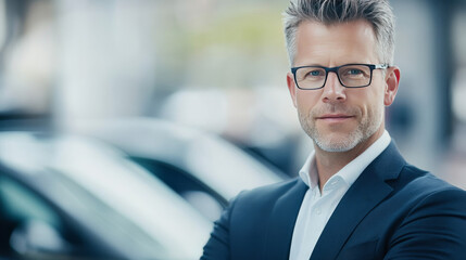 A professional portrait photograph of a fleet car buyer, strong depth of field 