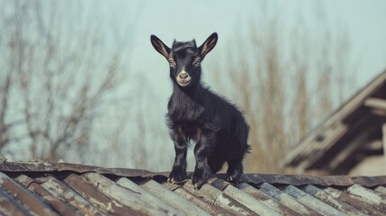Black baby goat standing on a rooftop against a rustic farm landscape showcasing eco-friendly lifestyle and charming animal behavior.