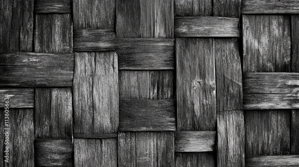 Poster rustic woven wooden texture background in monochrome with intricate patterns for contemporary design