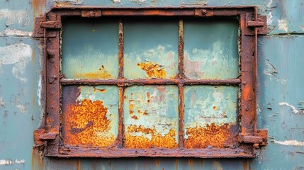 Naklejka premium Rusty metal window frame with corrosion and peeling paint showcasing a vintage industrial texture and background for artistic use.