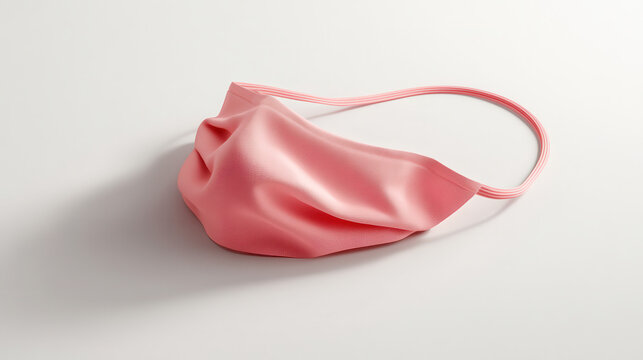 An elegant coral-pink face mask, cut-out style with clean lines and rich details, perfectly contrasting against a pristine white background. The elastic strings curve naturally and look realistic, vis