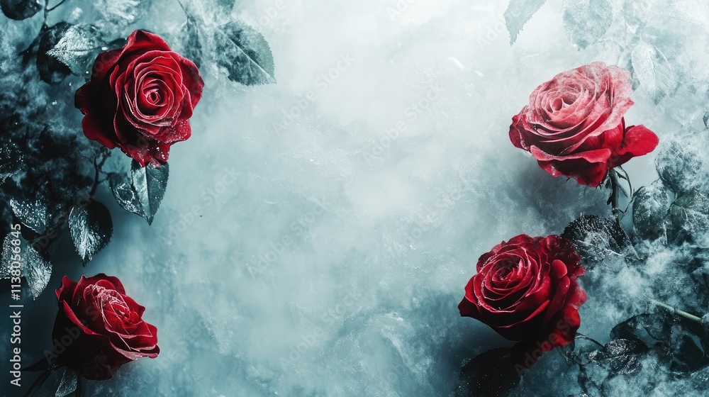 Poster elegant red roses on a soft light background creating a serene floral composition with ample copy sp