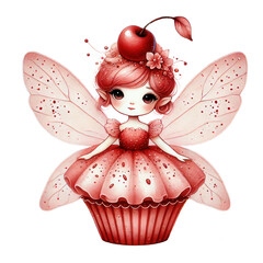 A whimsical fairy with pink wings, a cherry-topped hairstyle, and a cupcake-inspired dress, radiating sweetness.