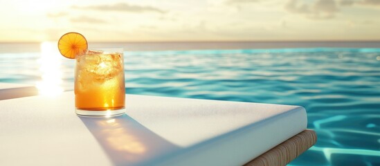 Refreshing summer cocktail on a sunbed by the pool with vibrant turquoise water and a tranquil beach atmosphere. Relax and unwind in paradise.