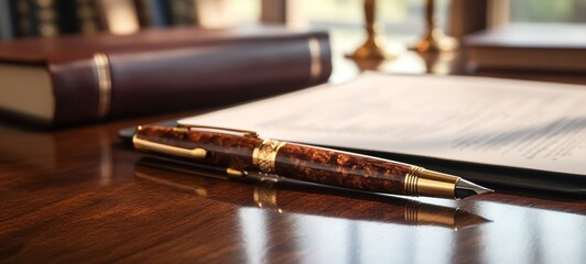 Elegant Fountain Pen on Wooden Desk with Legal Documents
