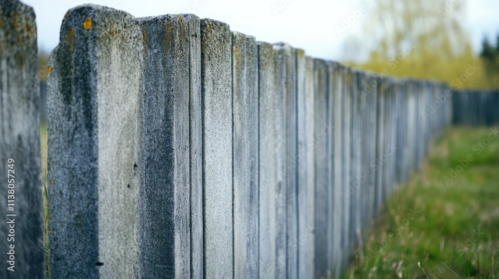 Poster weathered concrete fence texture with a blurred background of greenery showcasing rustic architectur