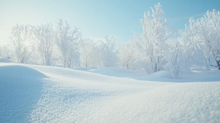 Obraz premium Winter Wonderland Serene Snowy Landscape with Frosted Trees and Lush Snow Texture Under Clear Blue Sky