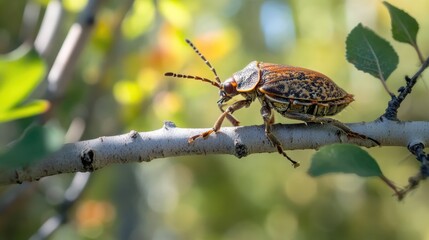 Sloe bug perched on aspen branch amidst a vibrant forest background showcasing nature's details and wildlife interaction.