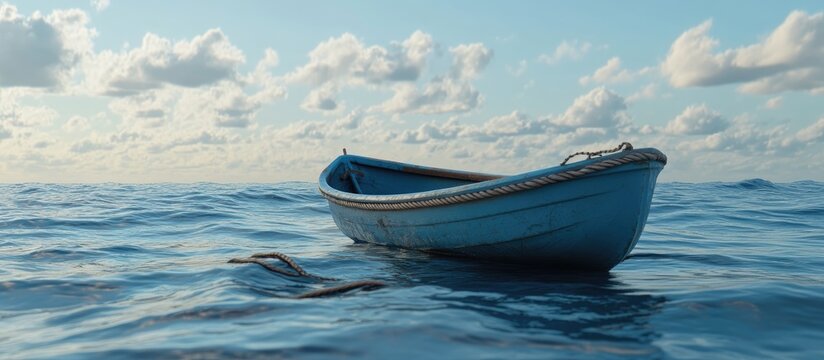 Serene blue dinghy floating gently in the ocean surrounded by calm waters and a coiled rope under a tranquil sky