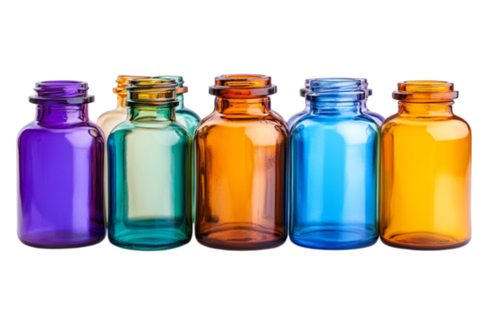 Group of empty medical bottles isolated on a transparent background, ideal for healthcare-related content, product displays, or medical illustrations.