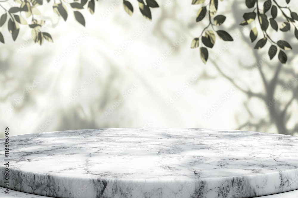 Poster a marble table with a tree shadow cast on a white wall background for product mockup display.