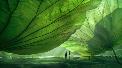 There are two people walking under two huge cross leaves