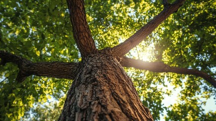 Naklejka premium Sunlit Tree Canopy with Textured Bark Viewed from Below in a Leafy Forest Setting