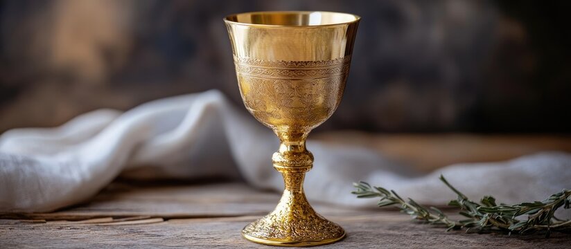 Elegant vintage kiddush cup on a rustic wooden surface symbolizing wine blessings in celebratory rituals and traditions.