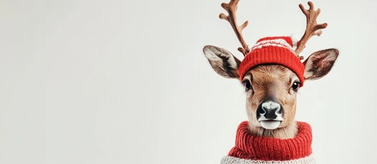 Festive reindeer wearing a red sweater and hat against a neutral background for a cheerful Christmas theme
