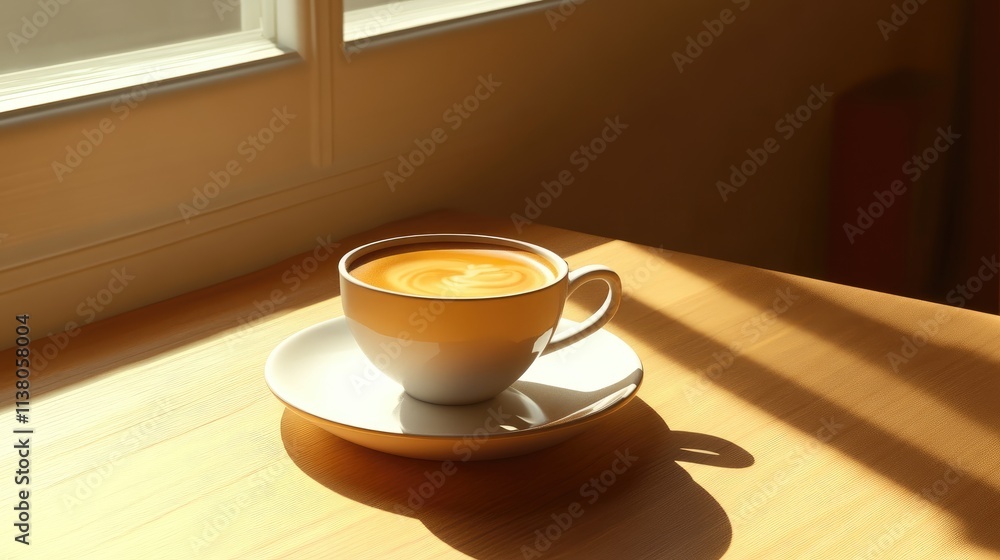 Poster elegant cappuccino cup on a wooden table with soft sunlight highlighting its creamy texture and deli