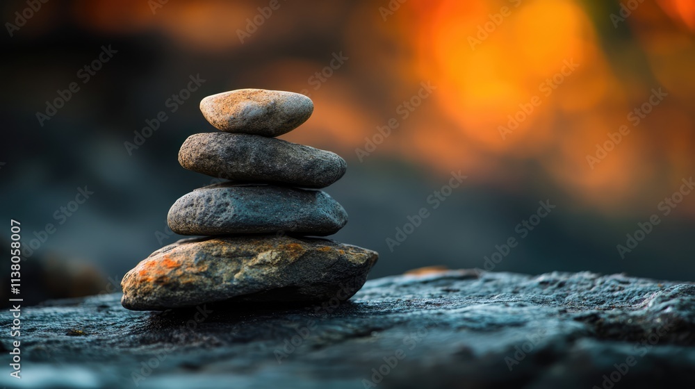 Poster stacked stones on a textured surface with a blurred warm background conveying tranquility and balanc
