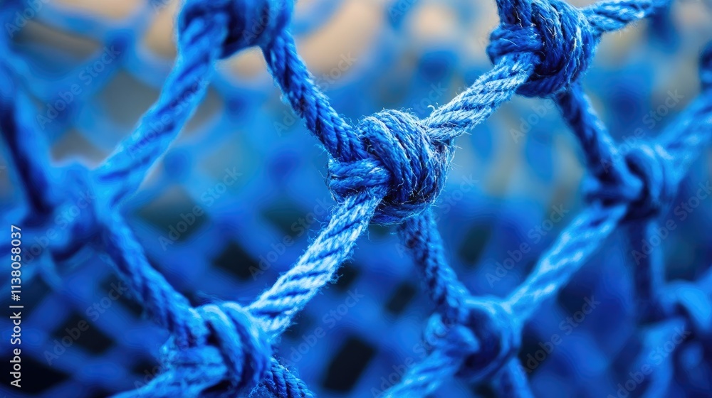 Poster close-up of intricate blue netting texture showcasing knots and woven fibers for background or desig
