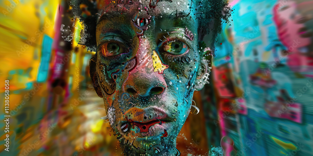 Poster digital portrait: multicolored face with abstract textures