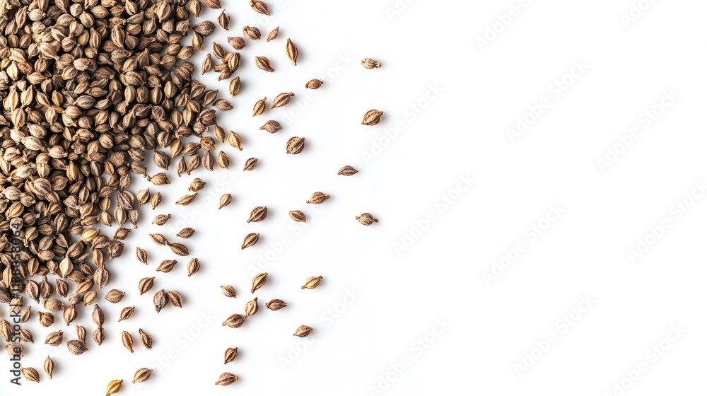 Aufkleber ajwain seeds poured on white surface with ample negative space for text and creative design use