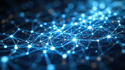 Obraz premium Abstract digital network with a dark grey background highlighting interconnected blue dots, symbolizing software architecture like Kubernetes, Docker or similar concepts.