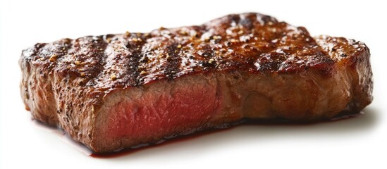 Juicy grilled steak on a white background showcasing appetizing texture and color, perfect for culinary presentations and food advertising.
