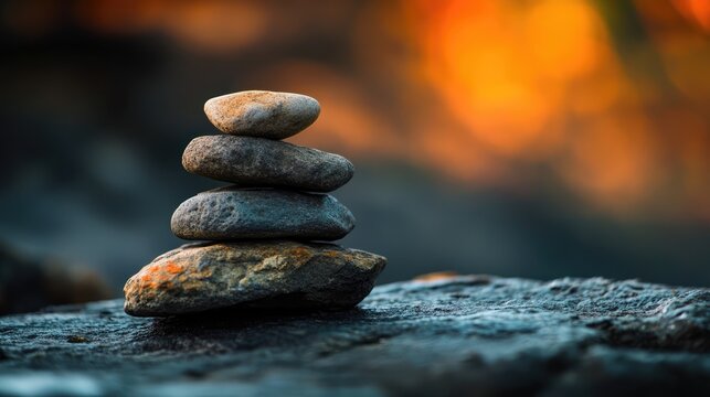 Stacked stones on a textured surface with a blurred warm background conveying tranquility and balance in nature.