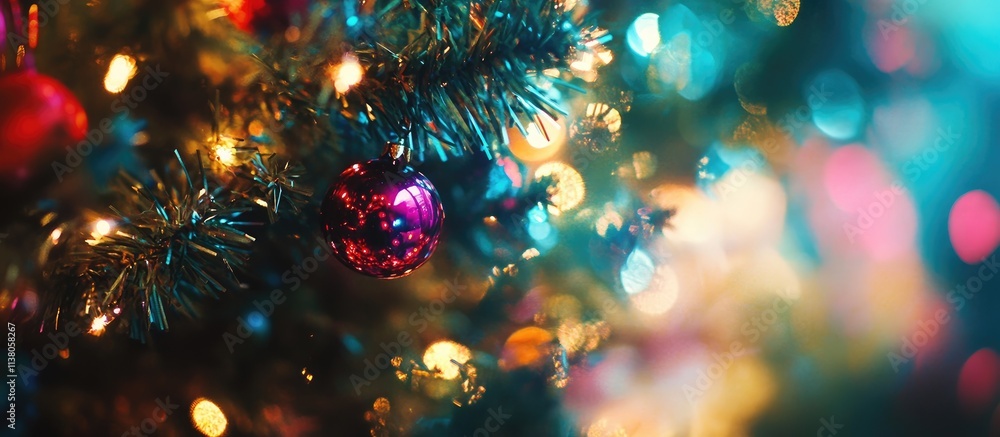 Poster abstract christmas background with a decorated tree and blurred bokeh lights creating a festive, col