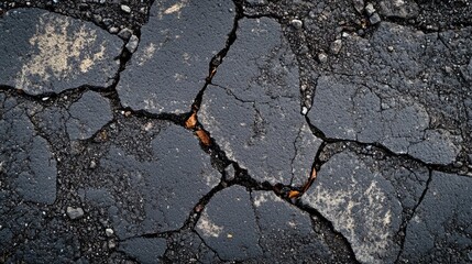 Textured dark gray cracked asphalt surface background for urban design and construction projects