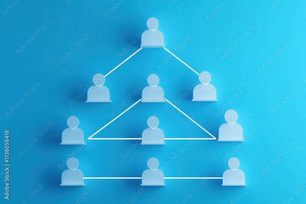 Poster stylized infographic showing a hierarchical structure with connected people icons on a blue backgrou