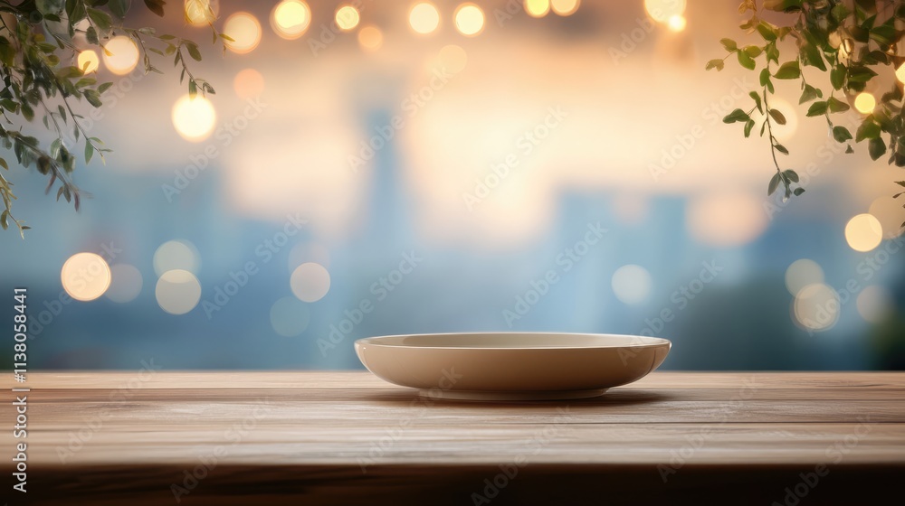 Poster vintage restaurant table setting with blurred bokeh background and empty plate on wooden surface cre