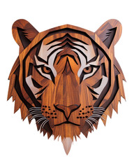 Obraz premium Geometric Wooden Tiger Head Sculpture on Isolated Transparent Background