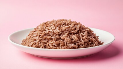 A side view of a white plate filled with chocolate rice on a soft pink background showcasing texture and color contrast