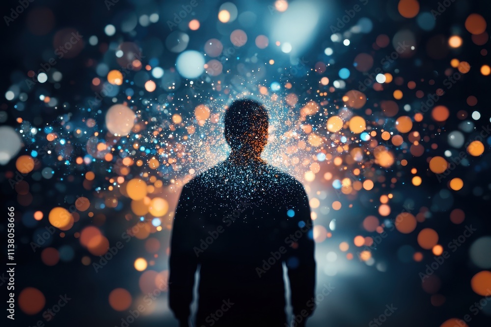 Poster exploring the inner universe human silhouette surrounded by dynamic visualizations abstract environm