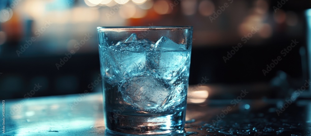 Poster refreshing ice-cold beverage served in a glass with ice cubes on a bar counter with blurred backgrou